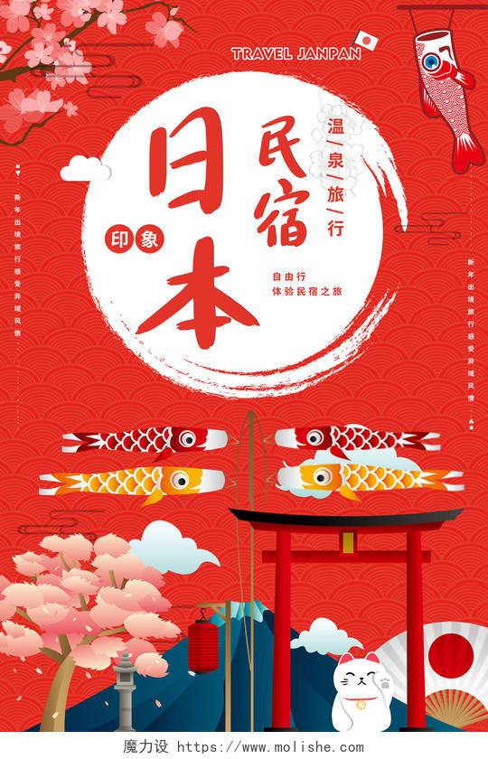 红色可爱小清新日本旅游民宿海报模板